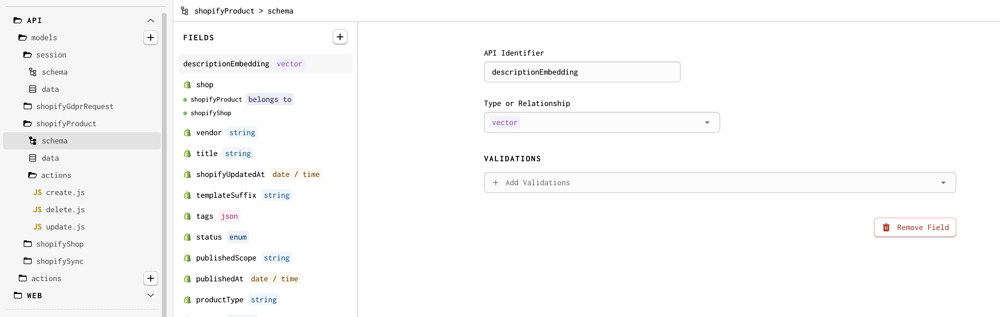 A screenshot of the Description Embedding vector field defined on the Shopify Product model