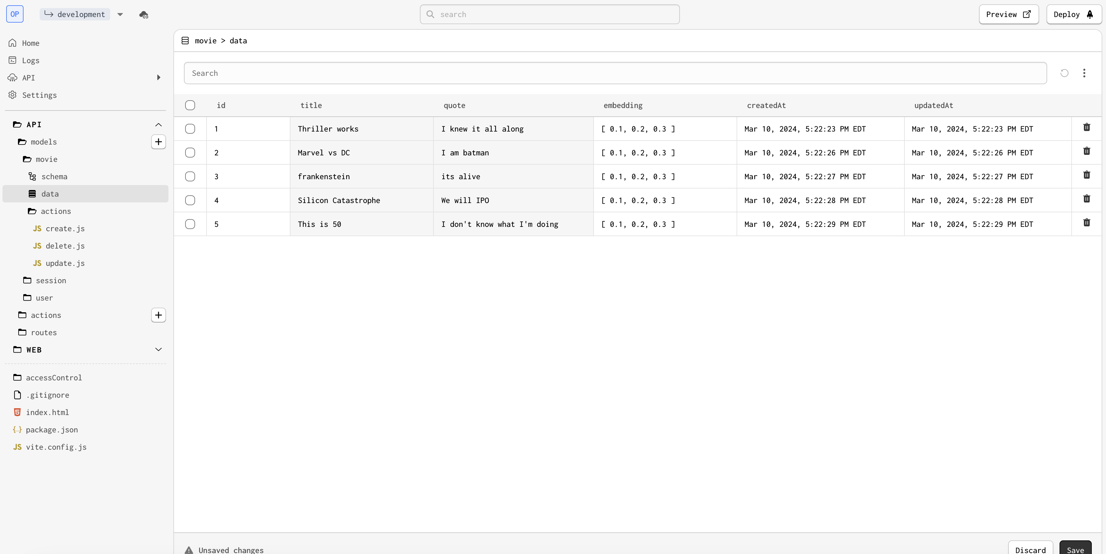 A screenshot of the movie model's data page, with ingested data and embeddings visible