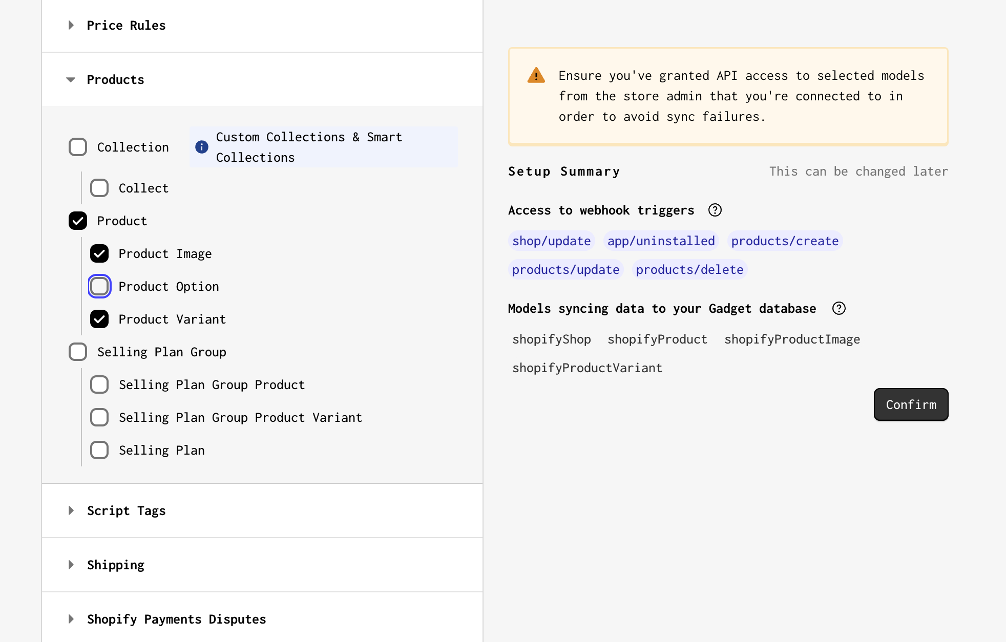 The scope selection page for a Shopify Connection, with the Product Read/Write scopes selected