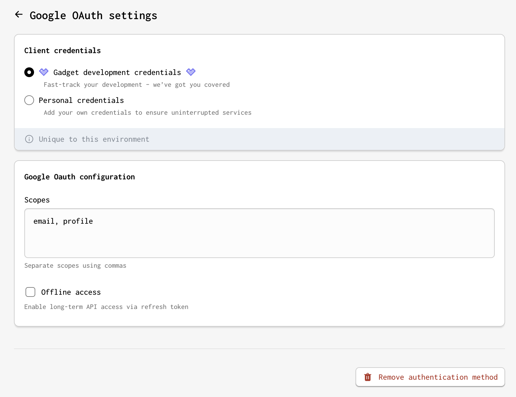 A screenshot of adding the client credentials in the env variables in Gadget