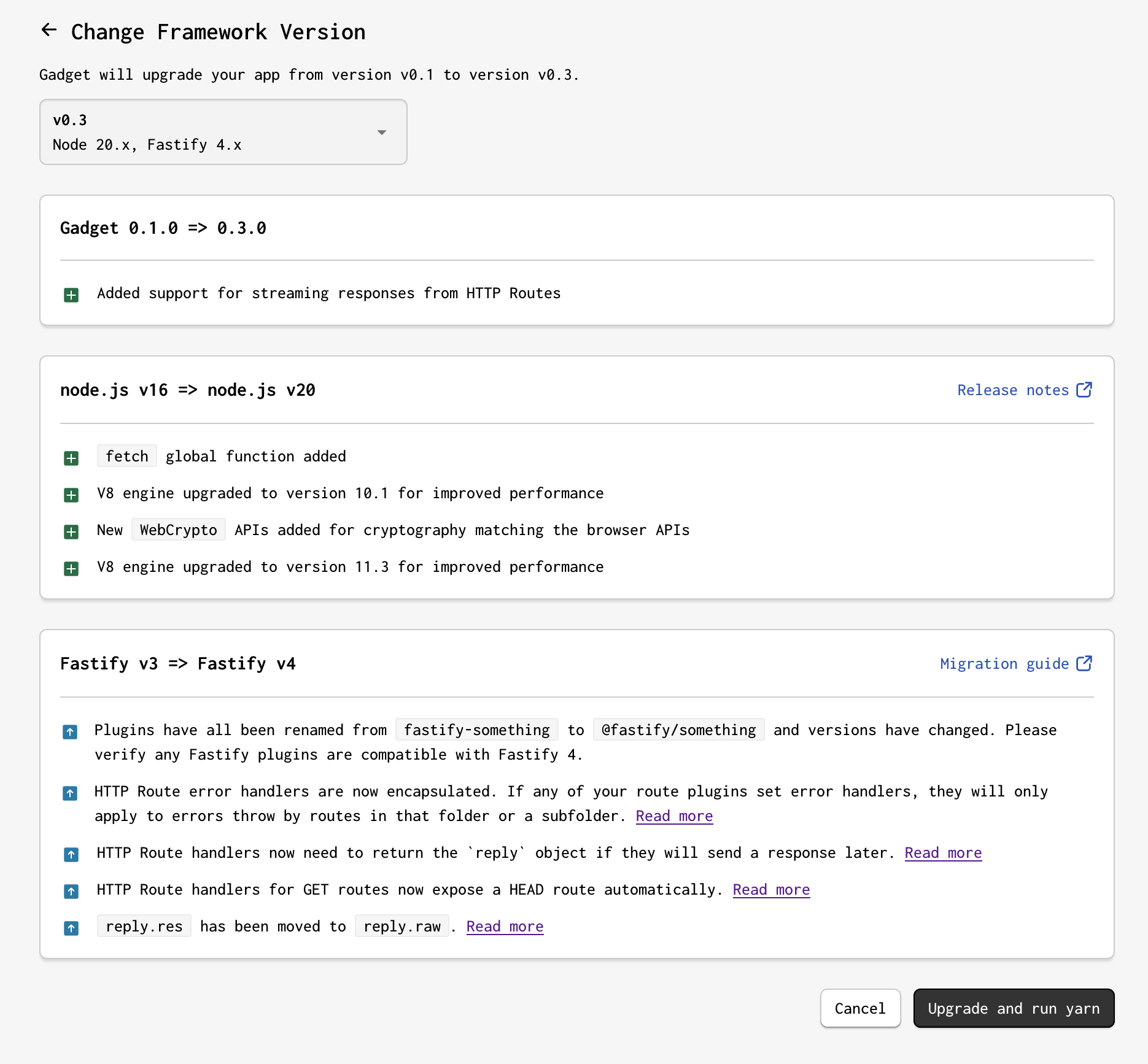 Change framework version page