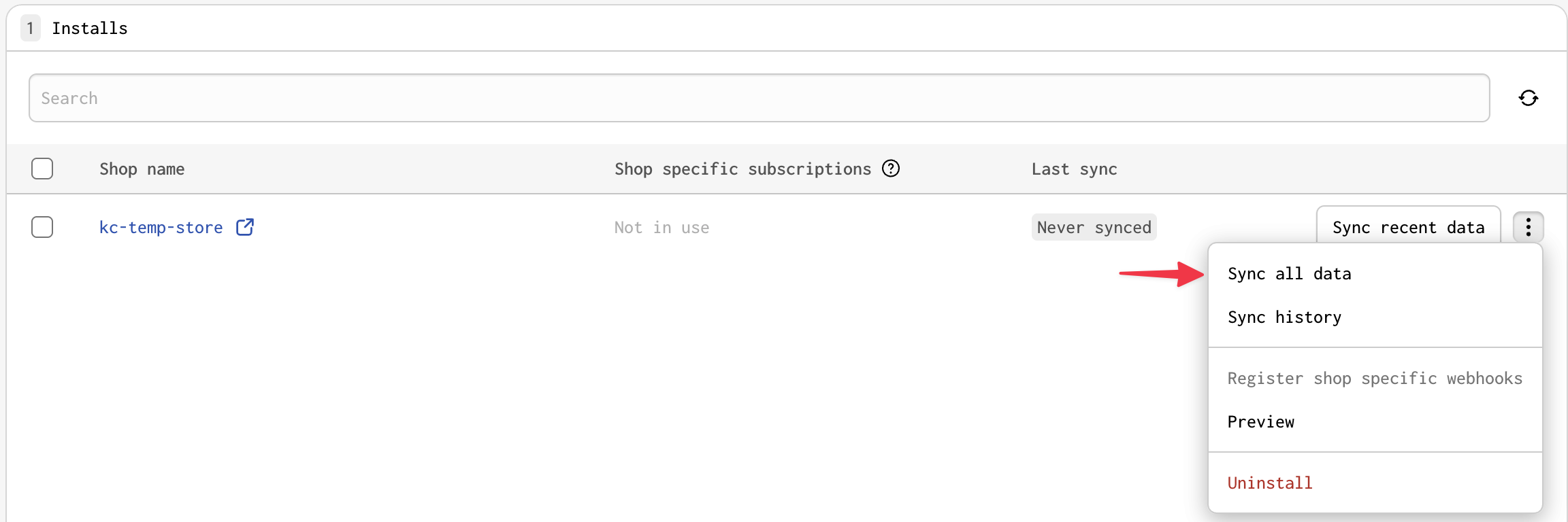 The installs page showing where to sync manually
