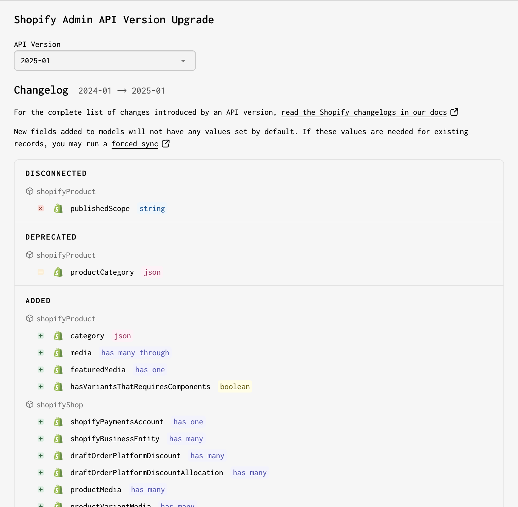 Screenshot of added, deprecated, modified, and disconnected fields on API upgrade