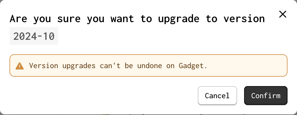 Screenshot of confirmation modal to complete API version upgrade