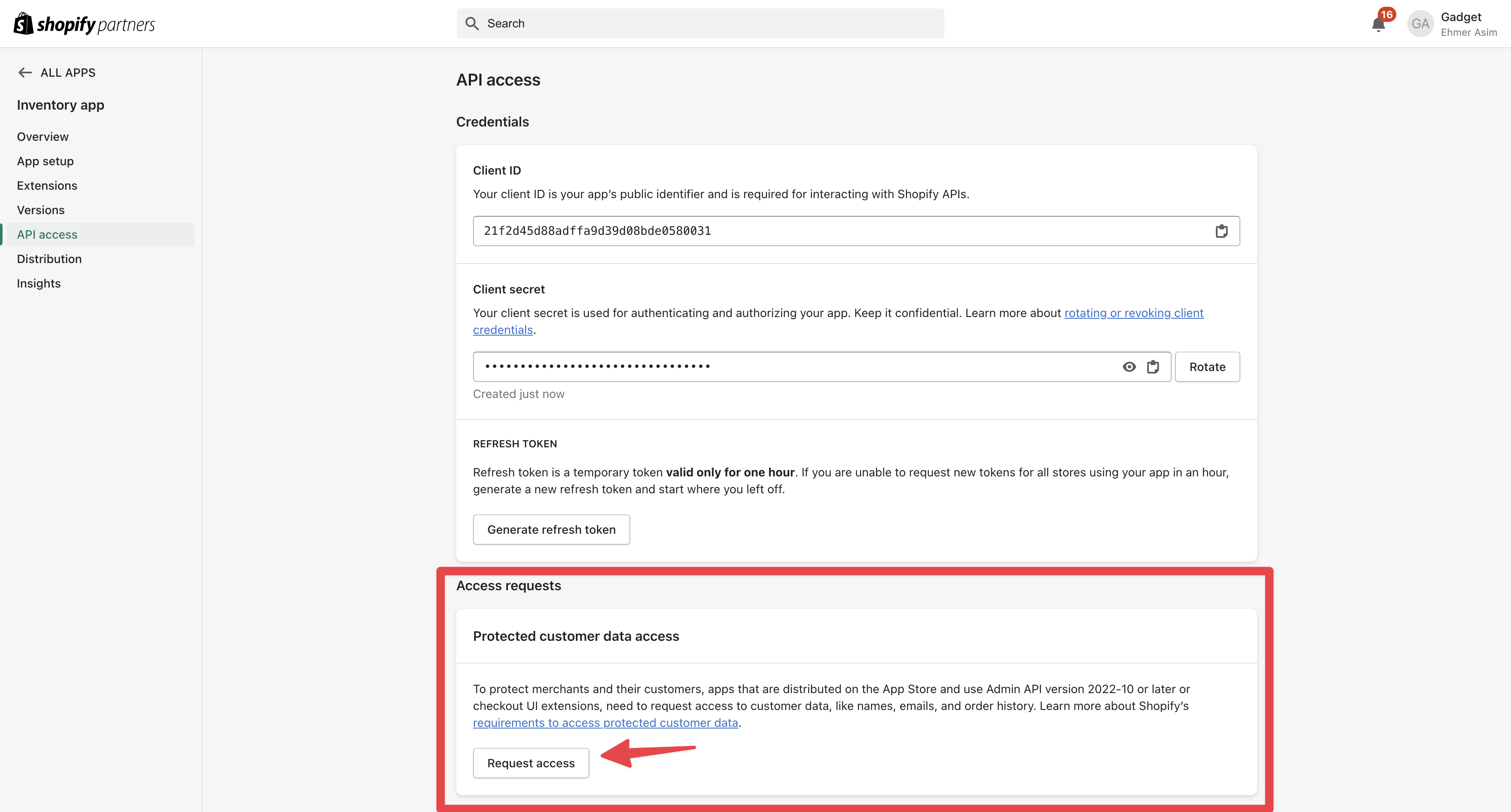 Screenshot of Partners app configuration protected customer data access request