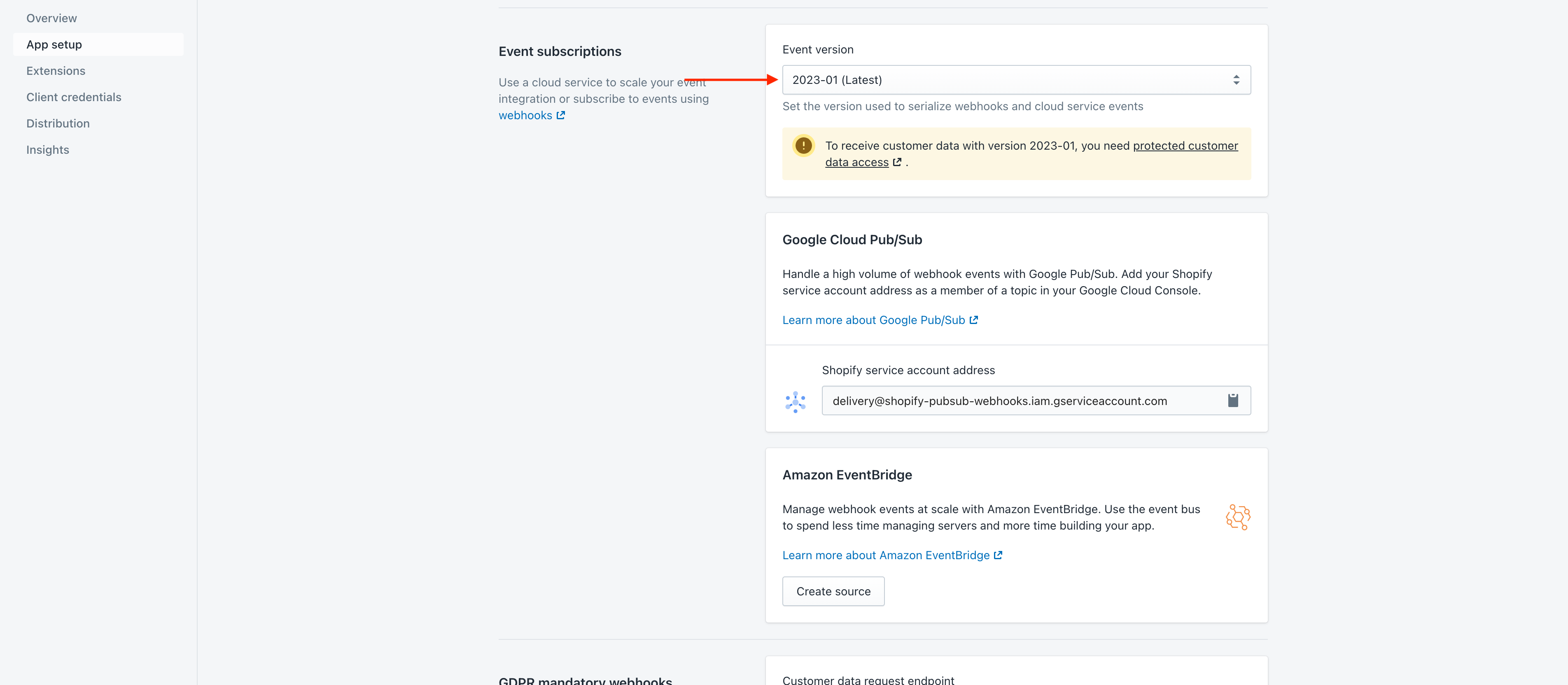 Screenshot of Admin App configuration event version