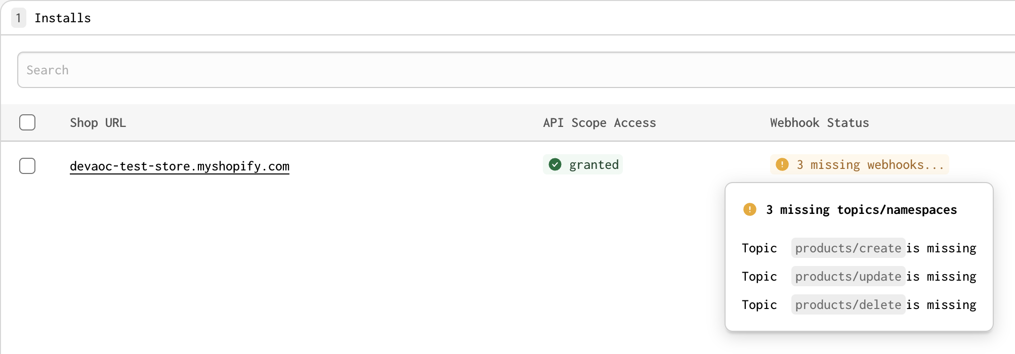 Screenshot of the Installs page with a store that has a missing webhooks warning expanded to show missing Collections webhooks