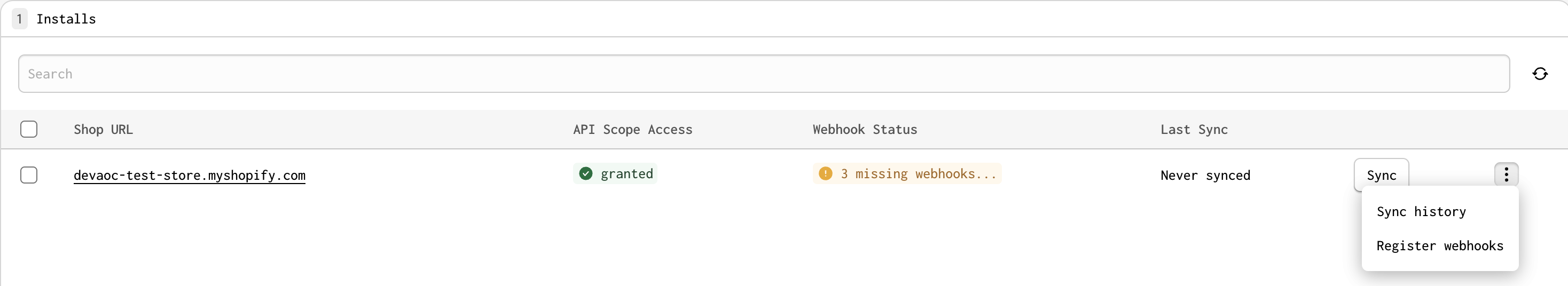 Screenshot of the Register Webhooks option for a store on the Installs page