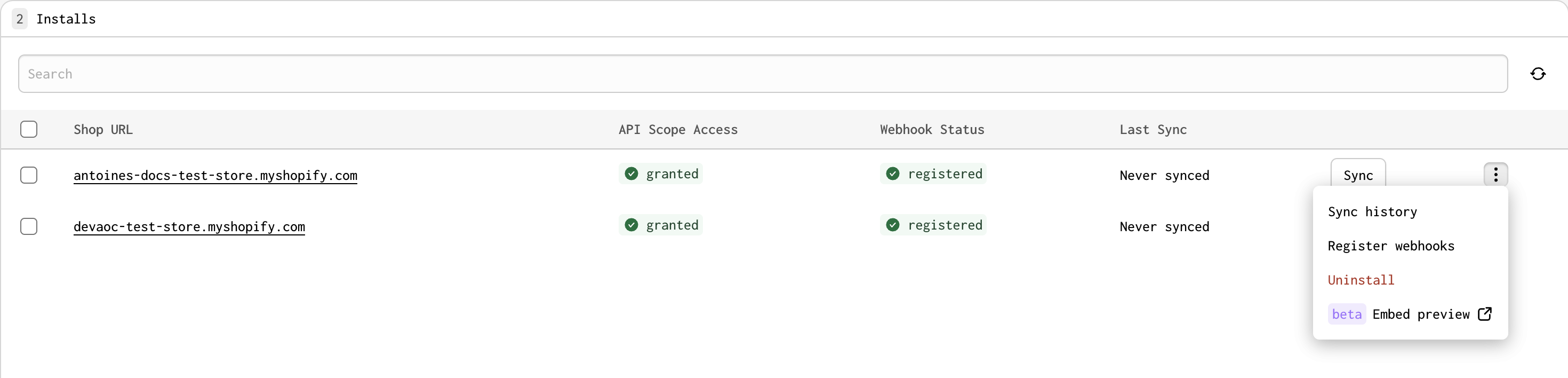 'View Sync History' and 'Register Webhooks' drop-down options for a single store on the Installs page