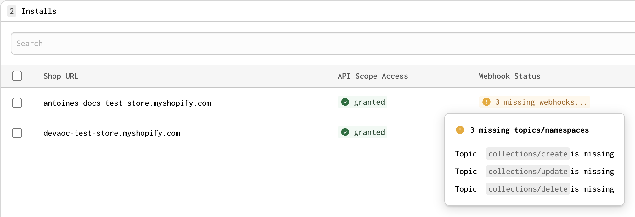 Warning message on a store missing multiple webhook topics and a pop-over listing the topics