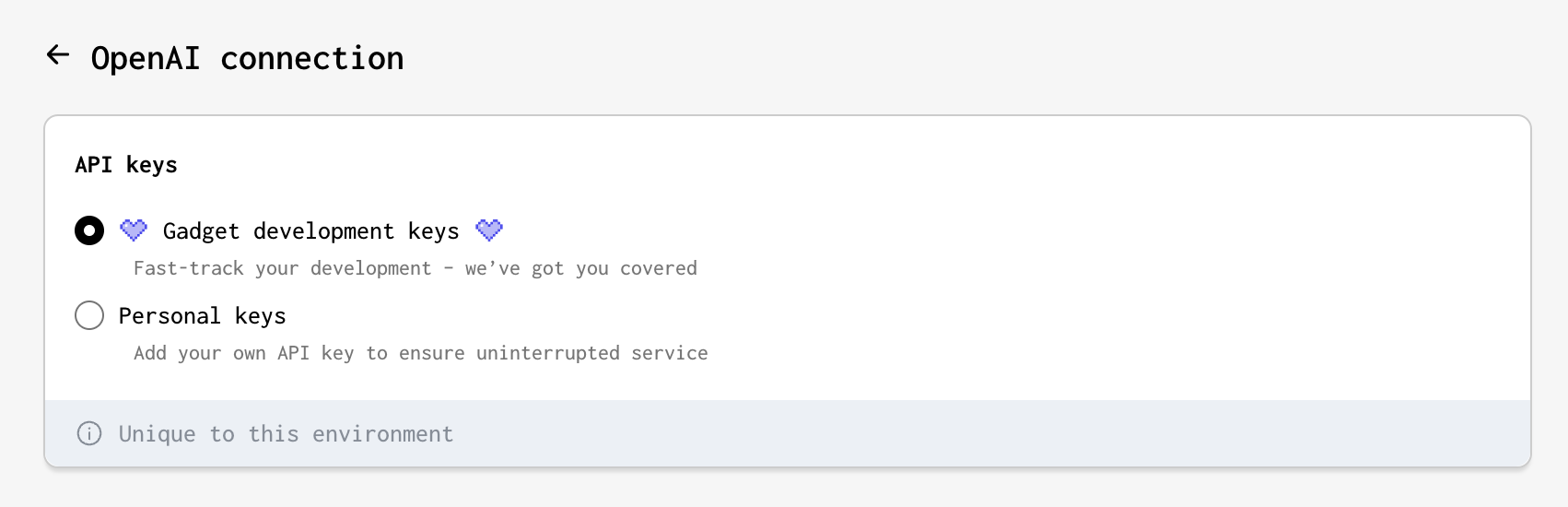 A view of Gadget's OpenAI connection modal with the Use Gadget's keys option selected