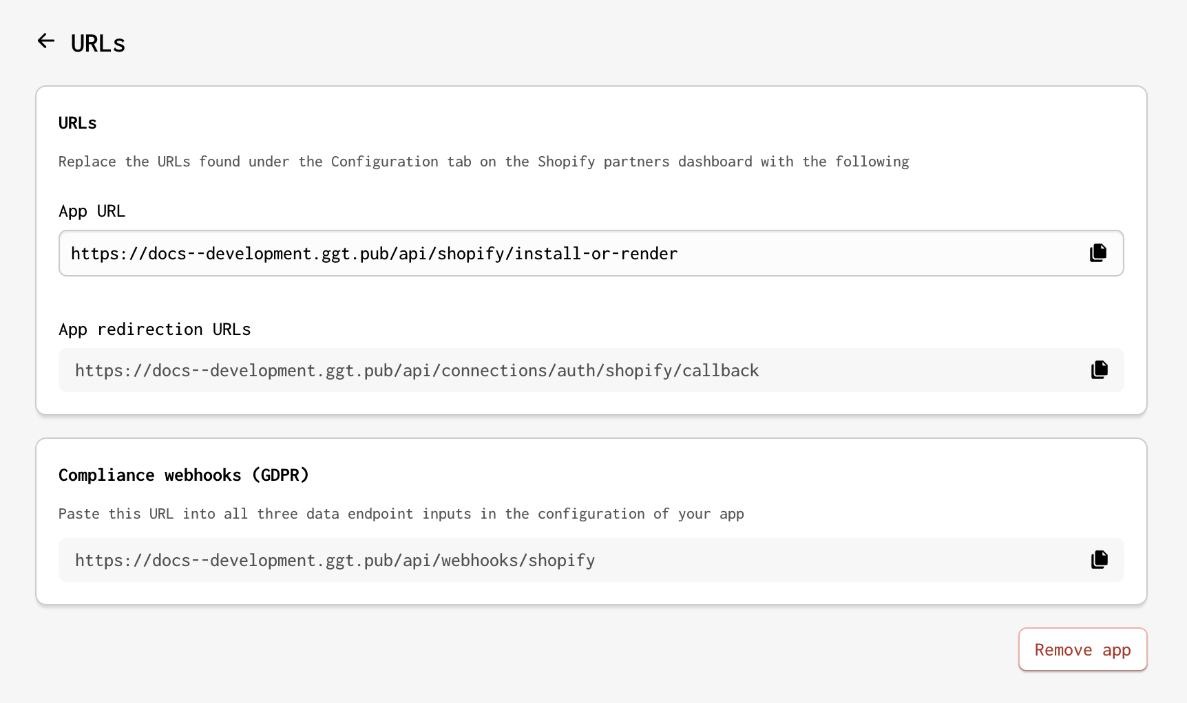 Connections page showing the redirect URLs for a specific application