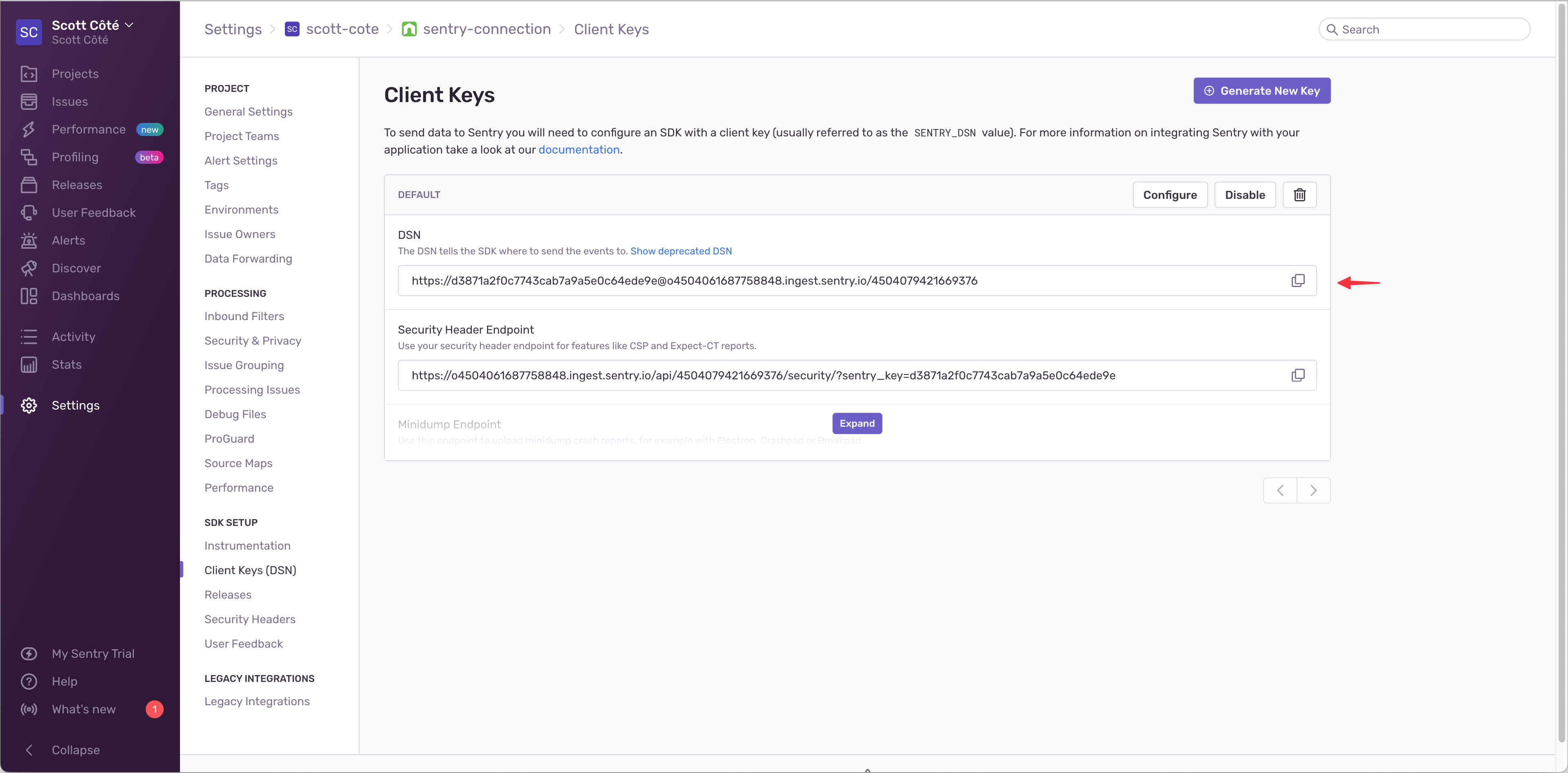 A view of Sentry's Client Keys page with an arrow pointing to the copy icon beside the Data Source Name (DSN)