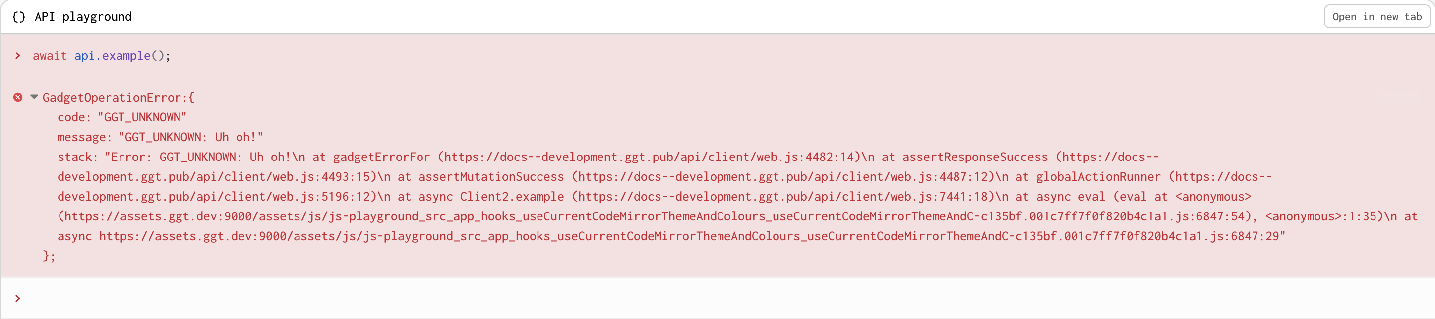 A view of a Gadget application's GraphQL Playground sending a testSentry mutation and receiving an error in the response