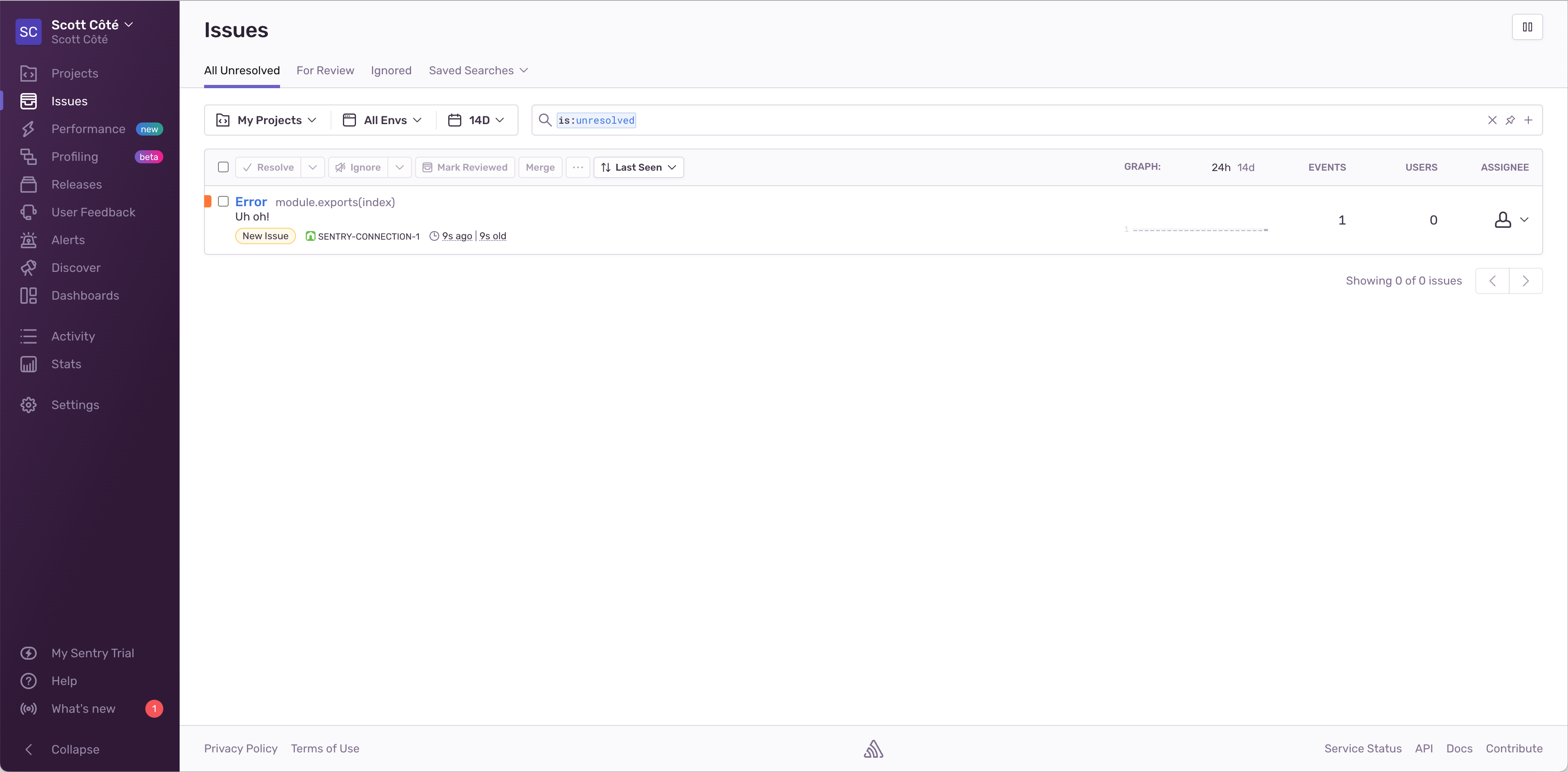 A view of Sentry's Issues page containing an error with the message 'Uh oh!'