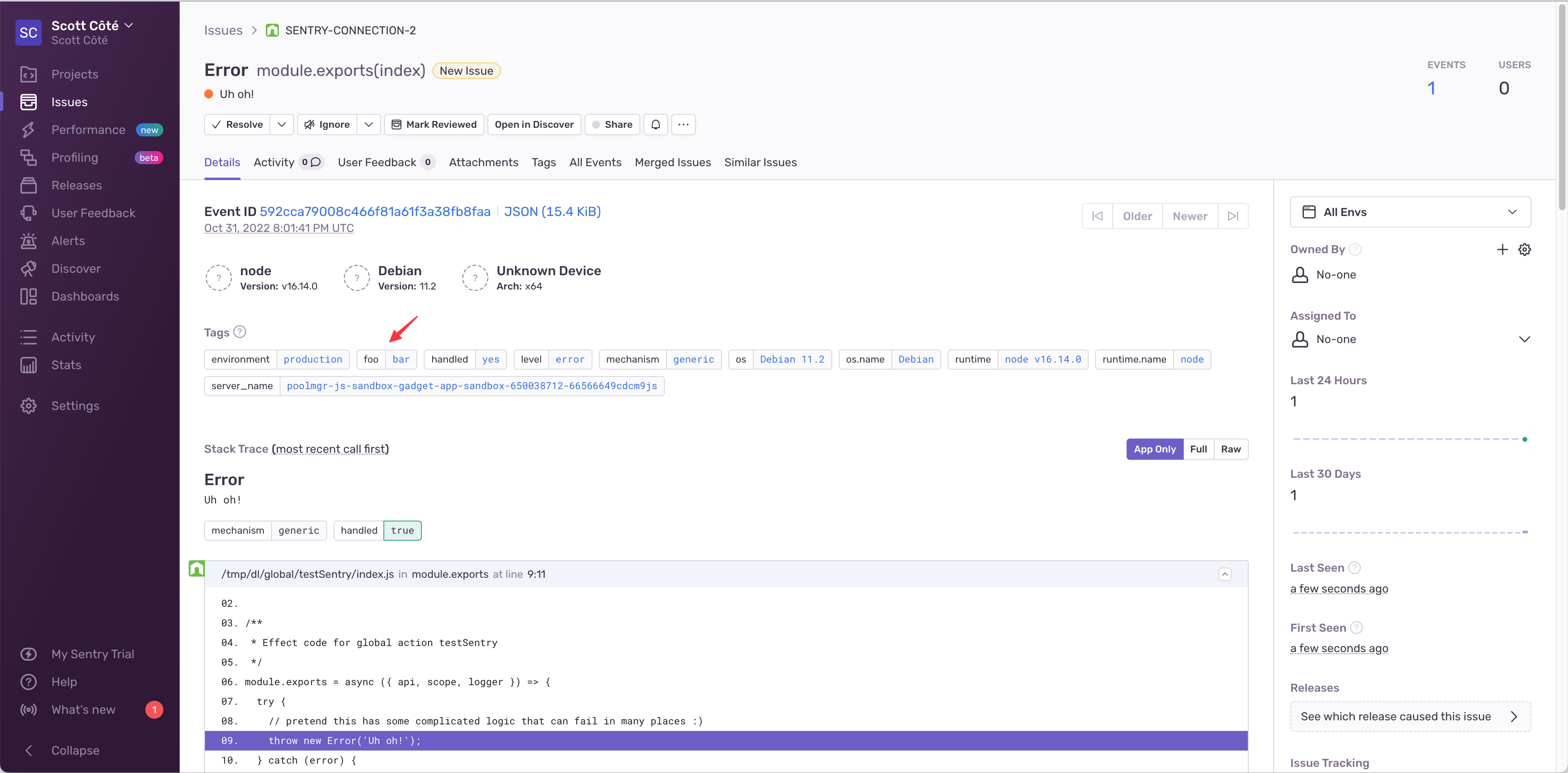A view of Sentry's detailed error page containing your foo: bar tag