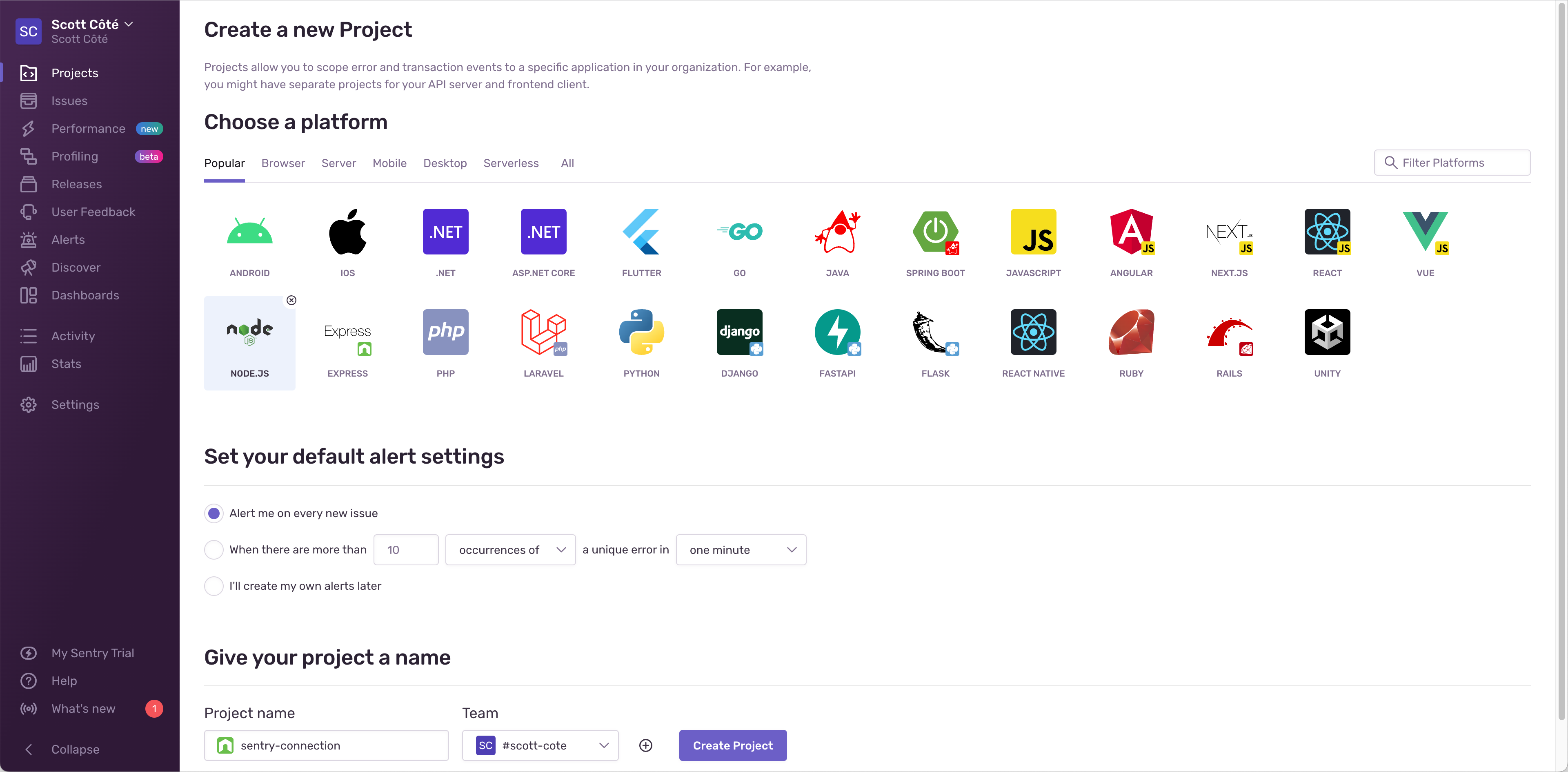 A view of Sentry's project setup page with Node.JS selected