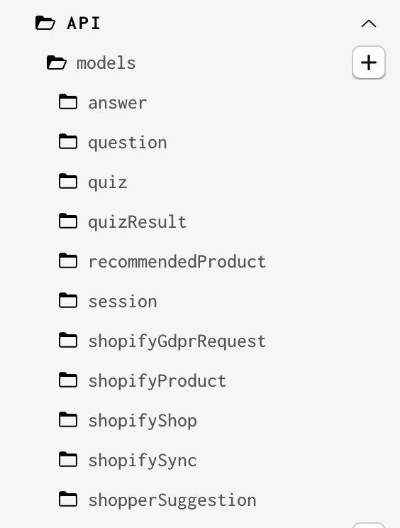 A screenshot of the data models list in Gadget, will all the quiz models