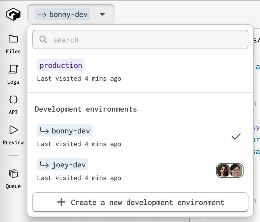 A screenshot of the environment selector in the Gadget editor. There are two environments, bonny-dev and joey-dev, and two users are currently working on joey-dev.