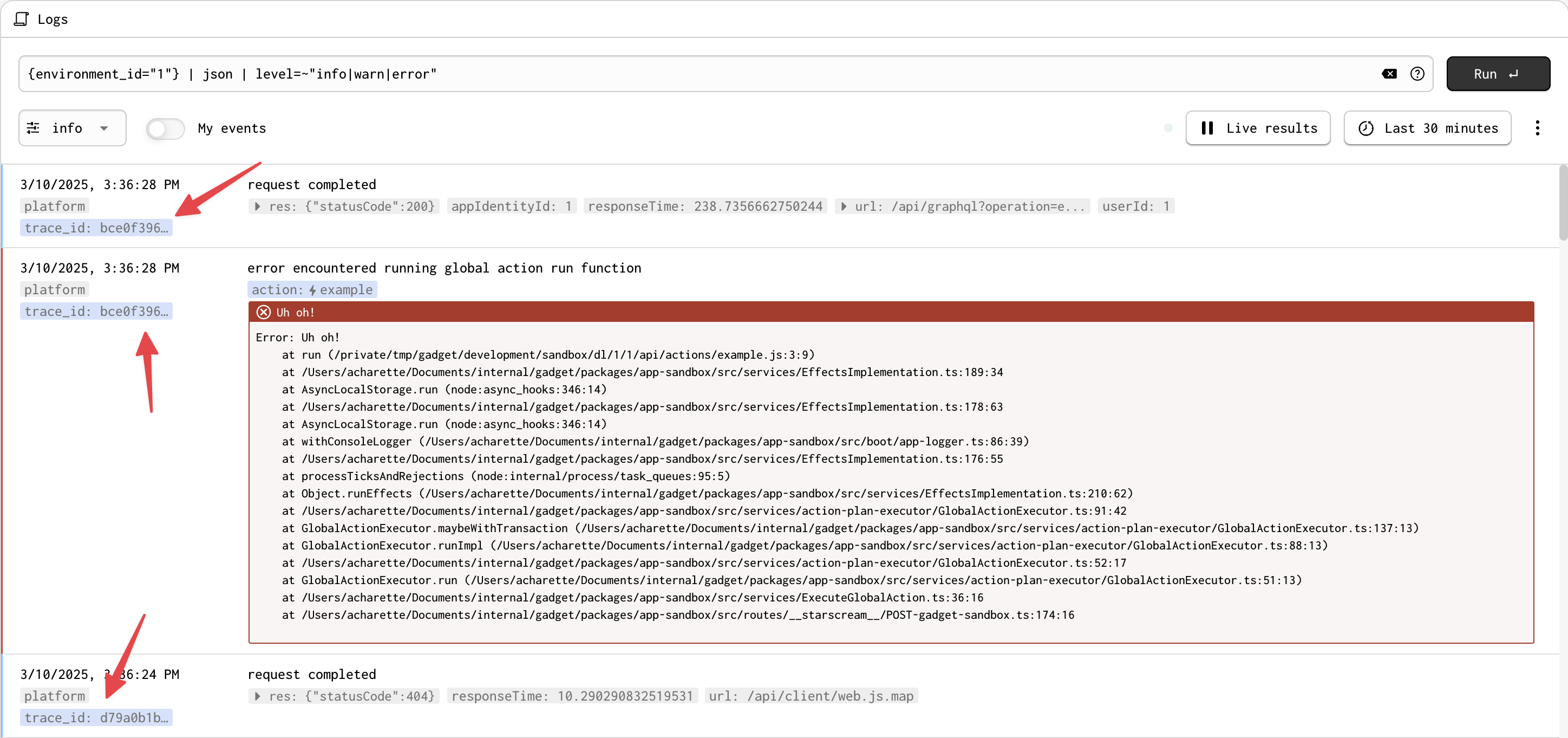A screenshot of the Logger and where to click to filter logs by trace ID