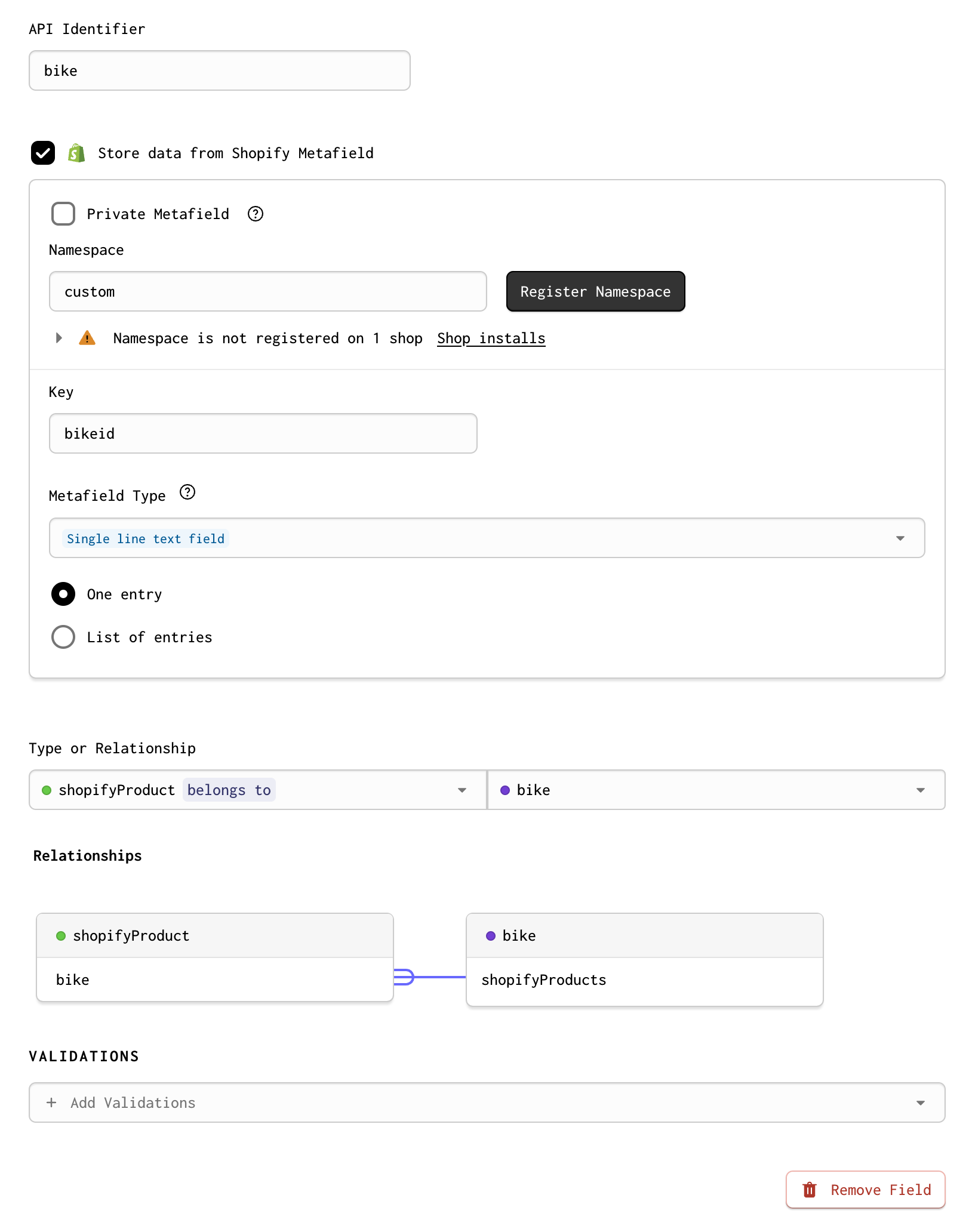 A screenshot of an integer metafield stored on the shopifyShop model, modeled as a relationship to a custom model in Gadget