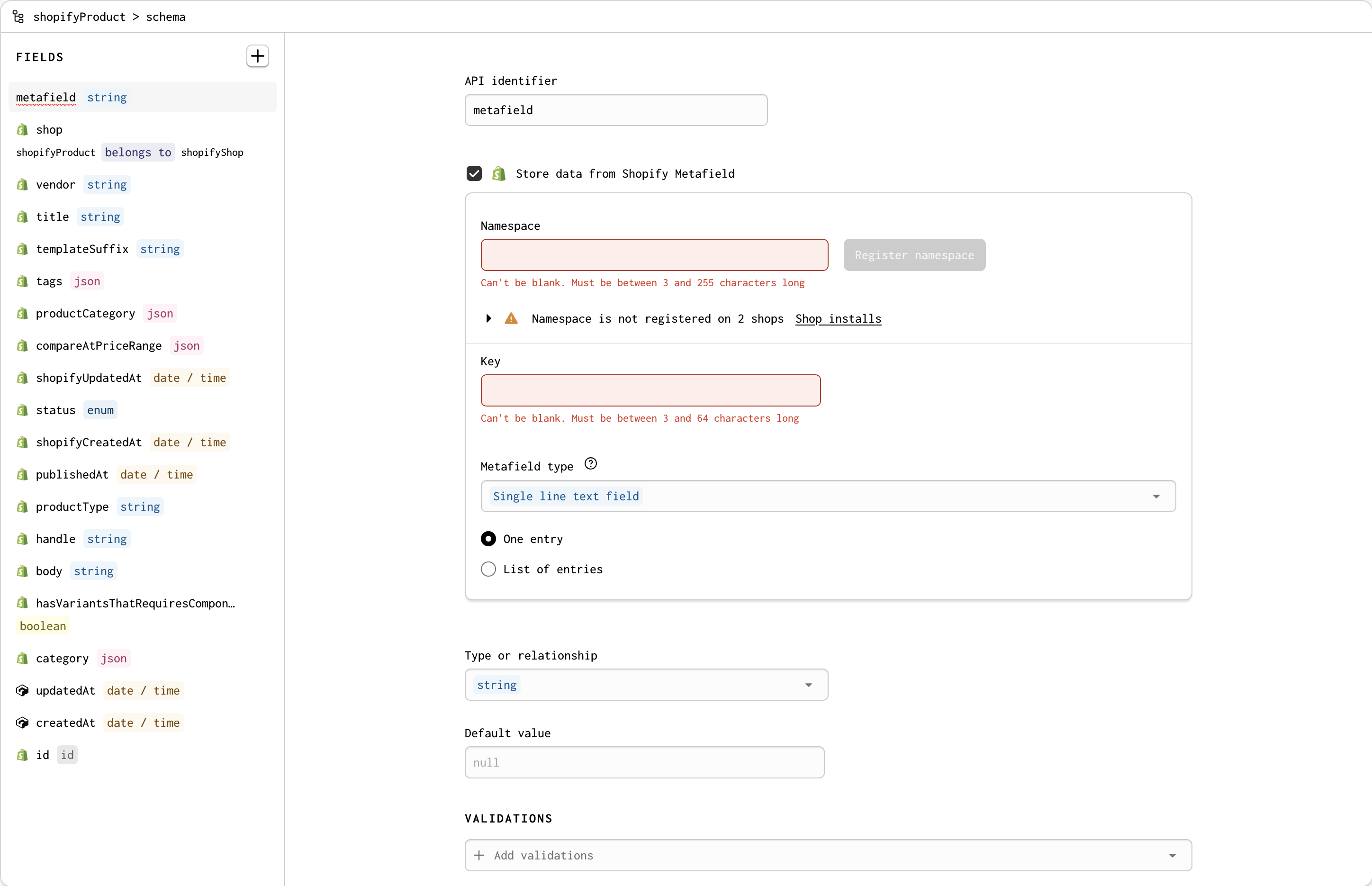 The required fields to set up a metafield on a Shopify Model