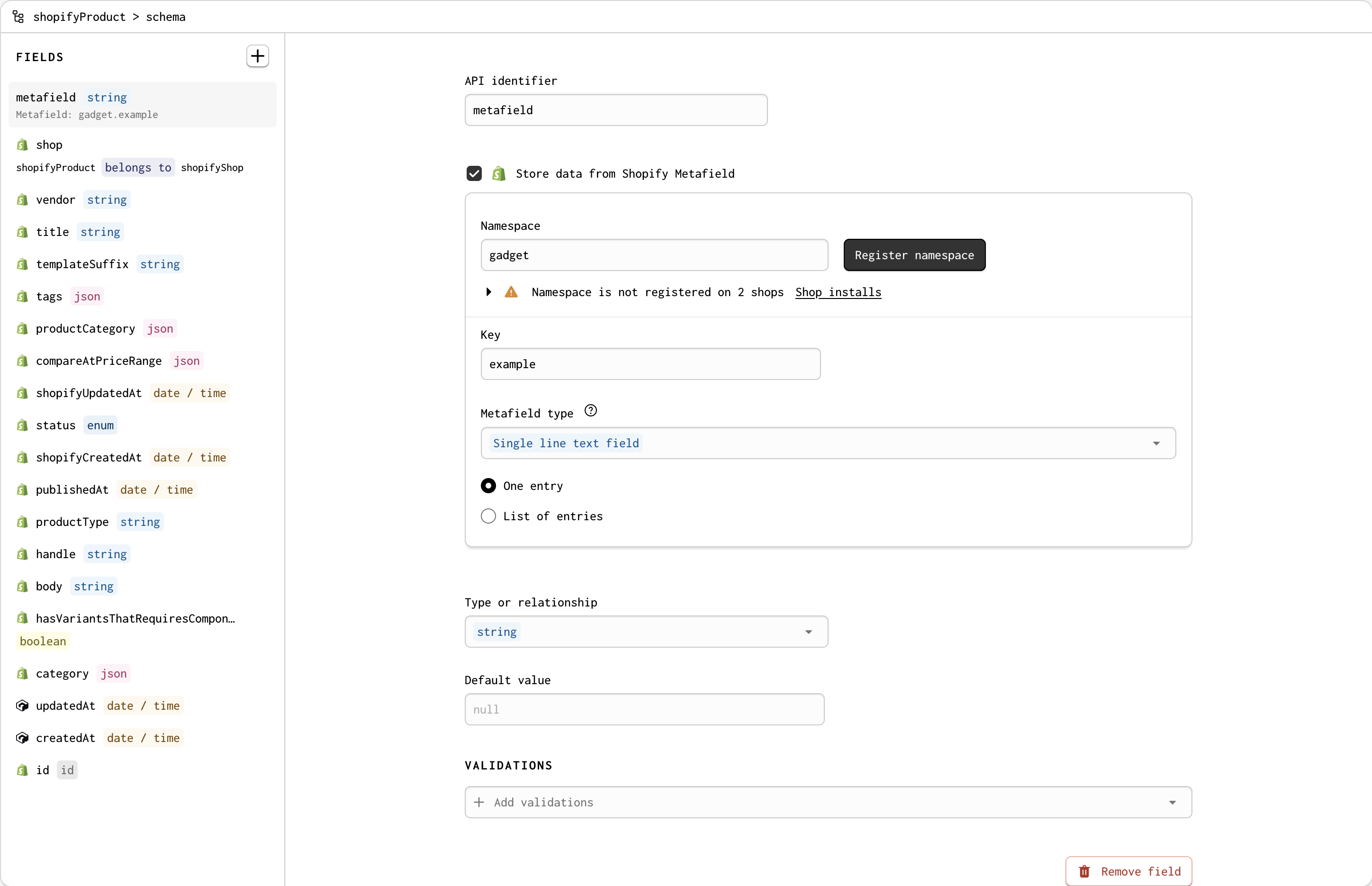 A completed Shopify metafield setup in Gadget