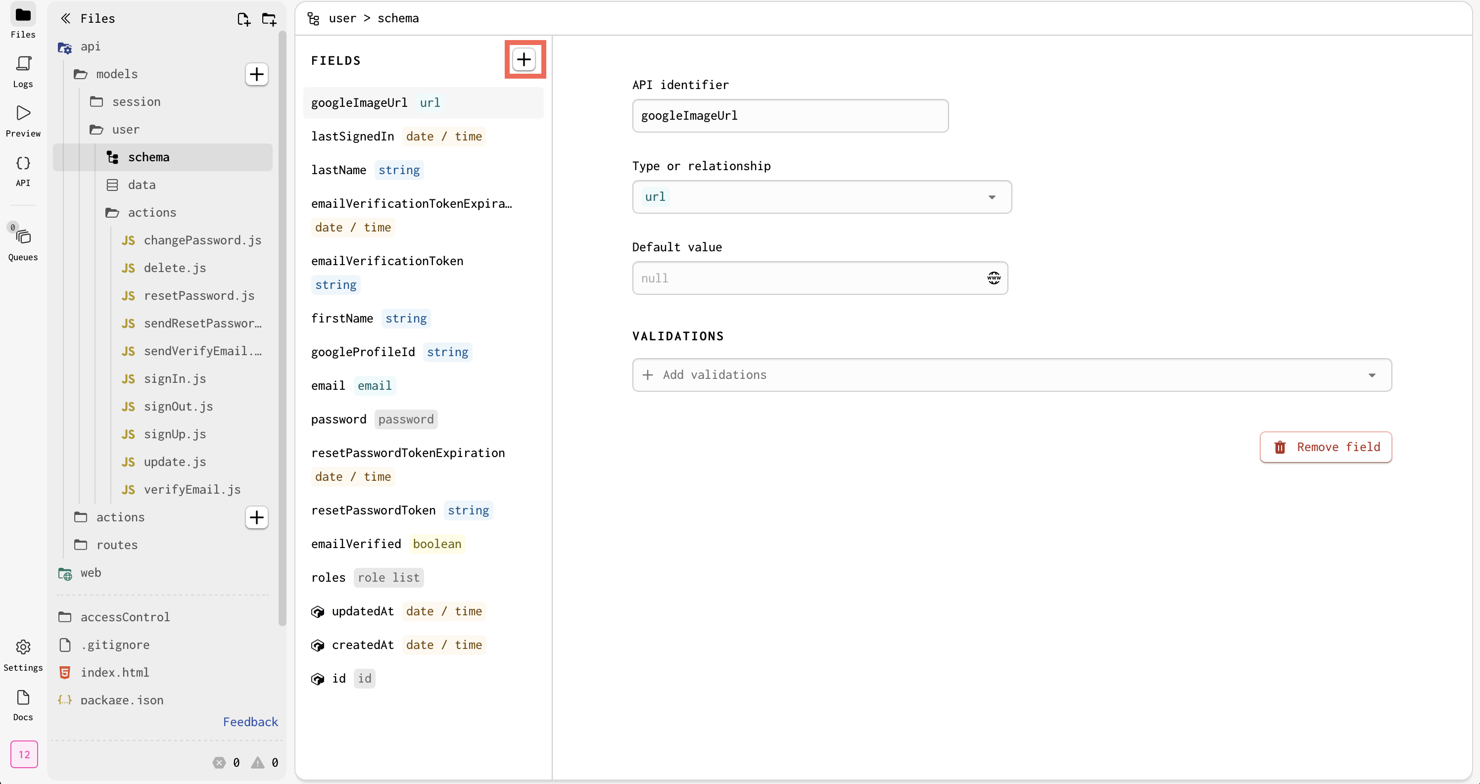 A view of a model schema to add data types