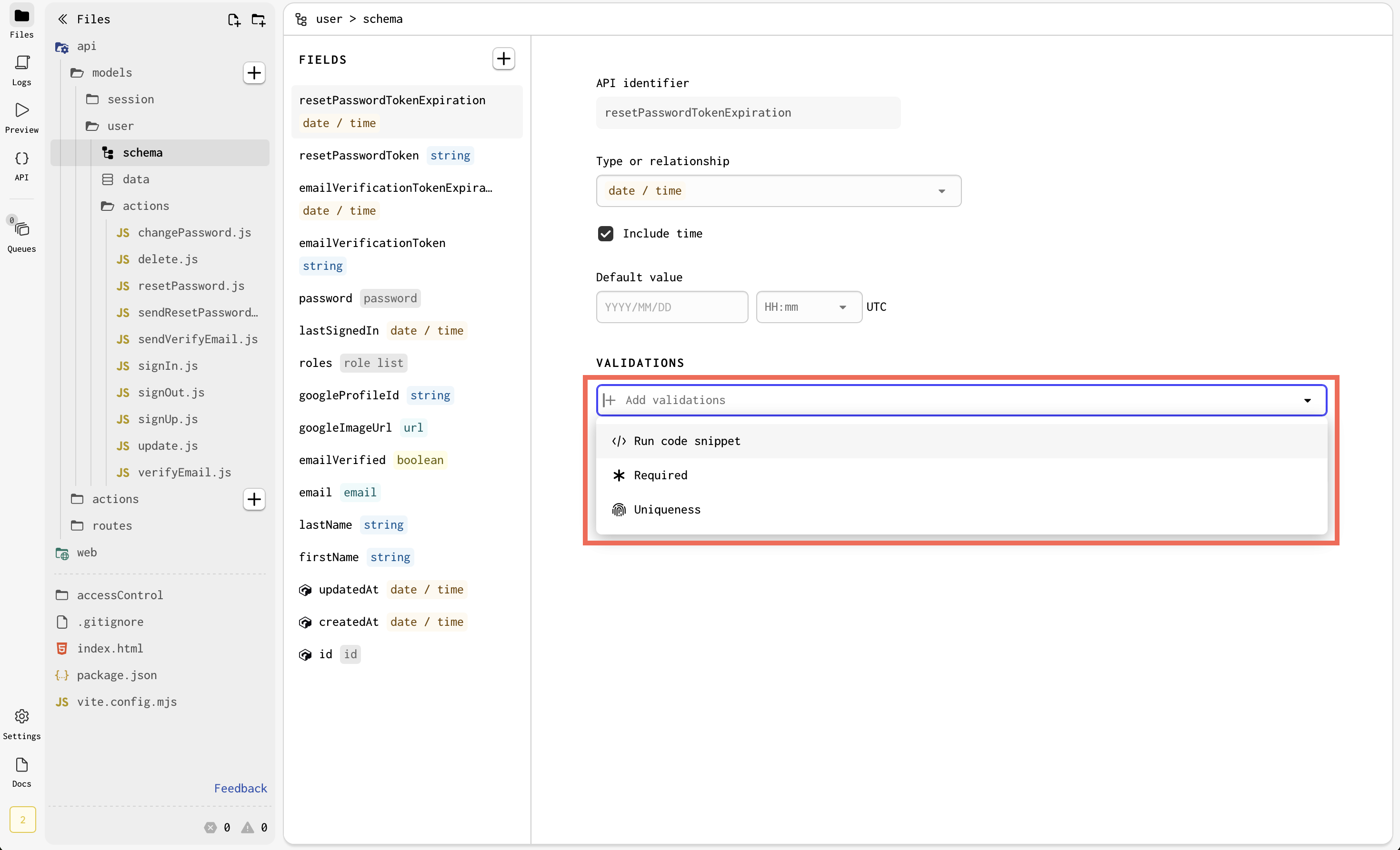 A view of possible validations for the date/time data type