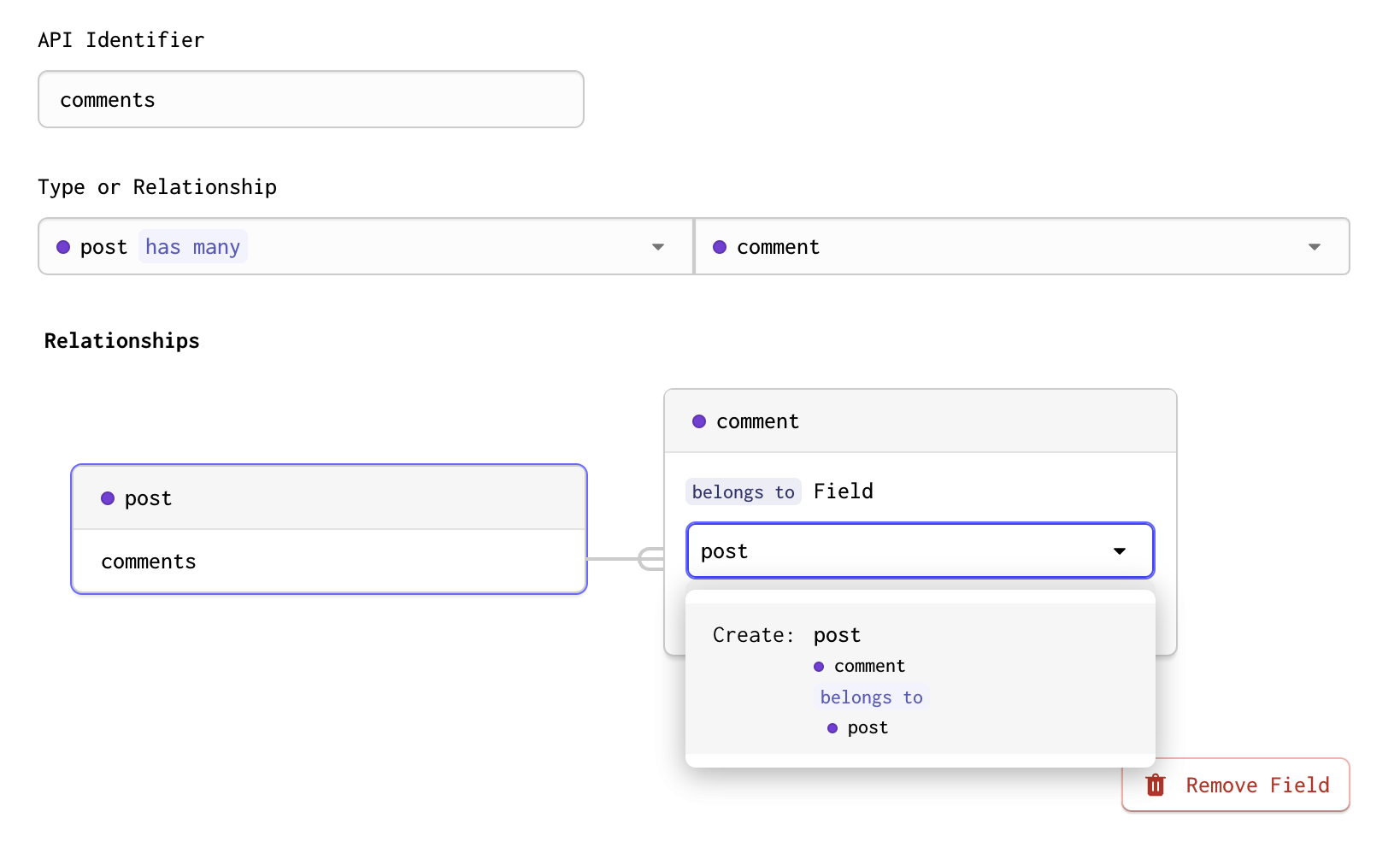 Completing the relationship connection between Comment and Post in Gadget