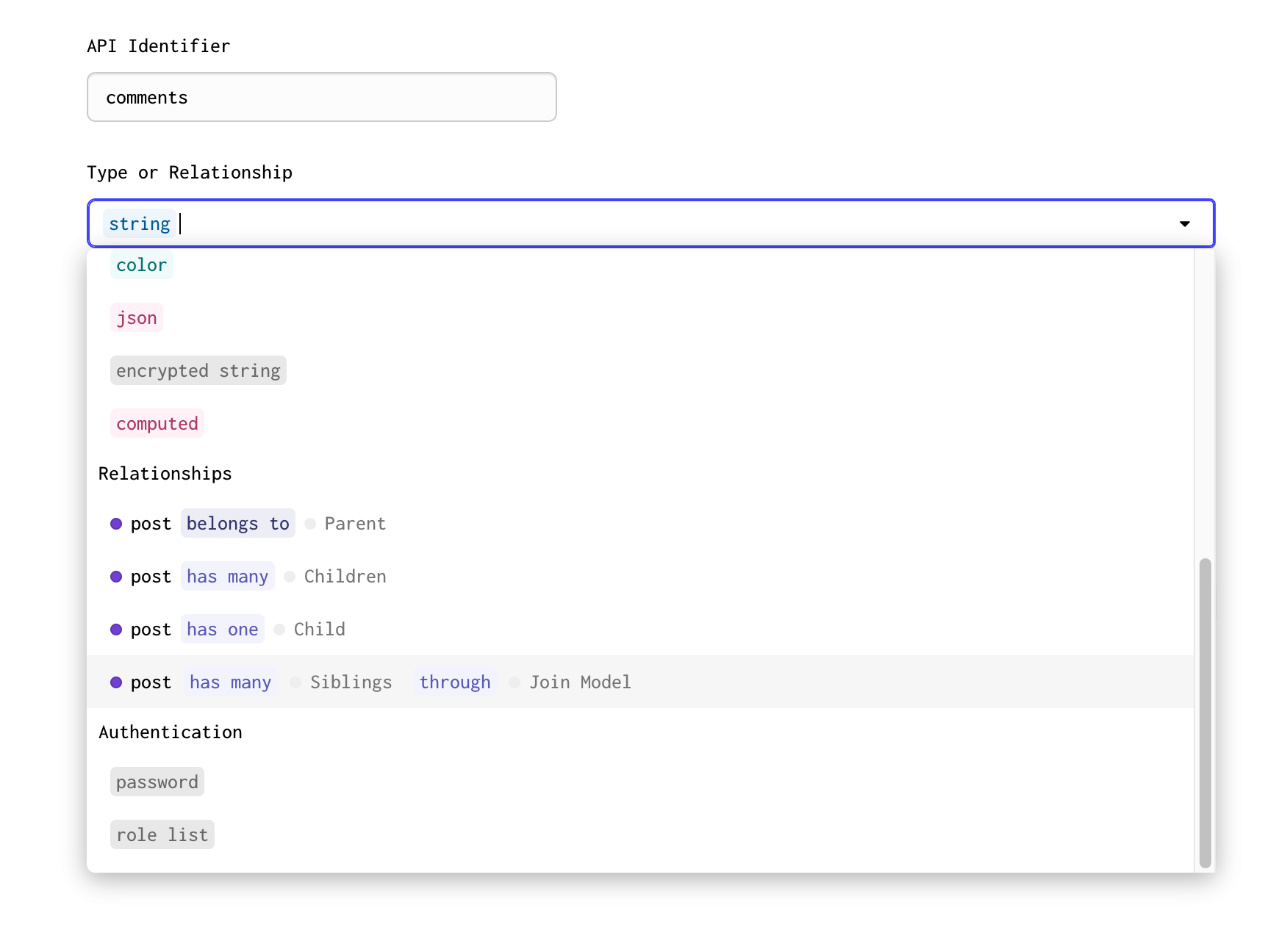 Selecting the relationship field type in Gadget