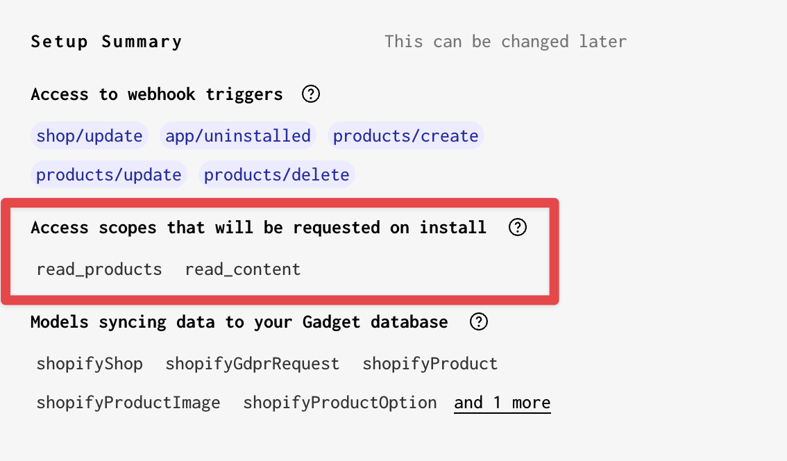 A screenshot of the Setup Summary in a Gadget app, with the read_products and read_content access scopes selected and highlighted.