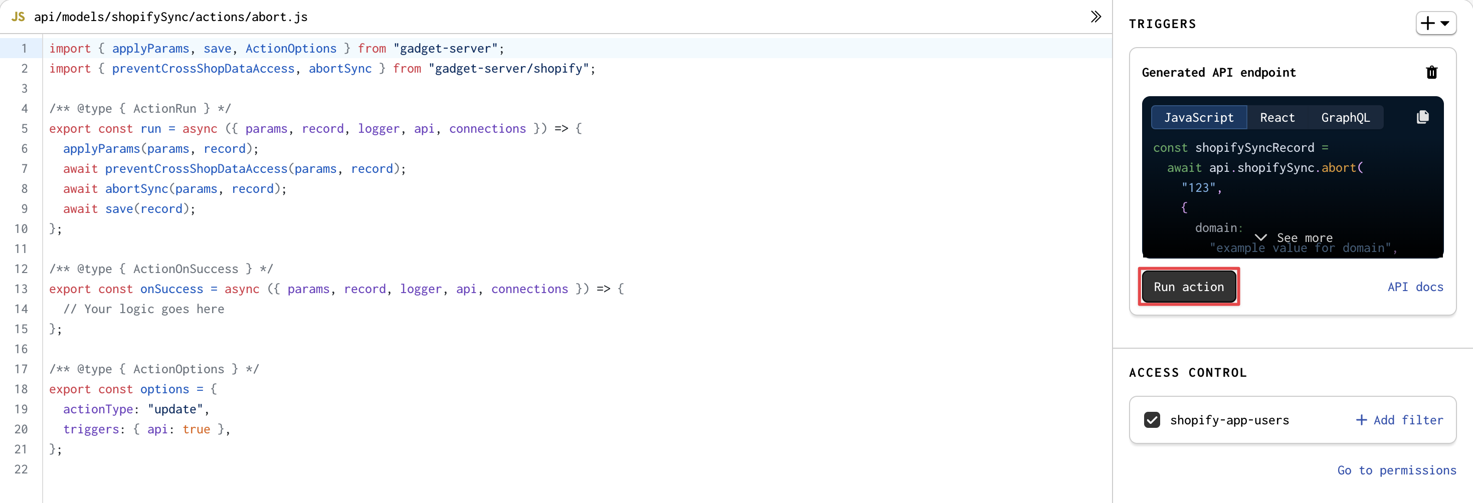 view of the abort action in shopify sync model