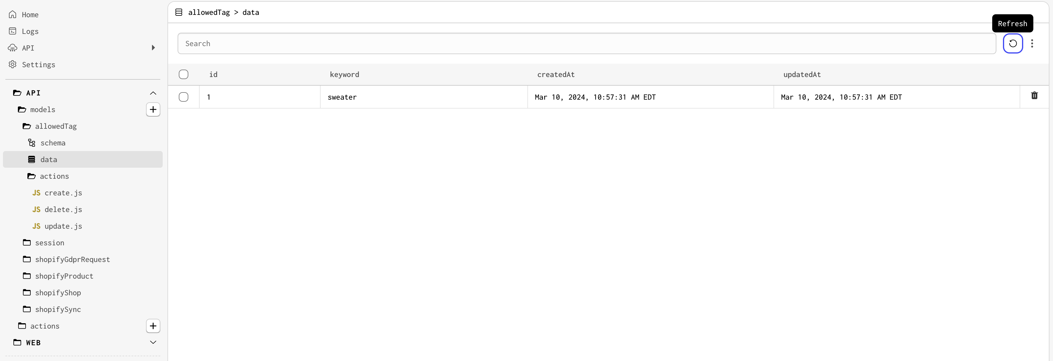 The allowedTag Data page with our added keyword