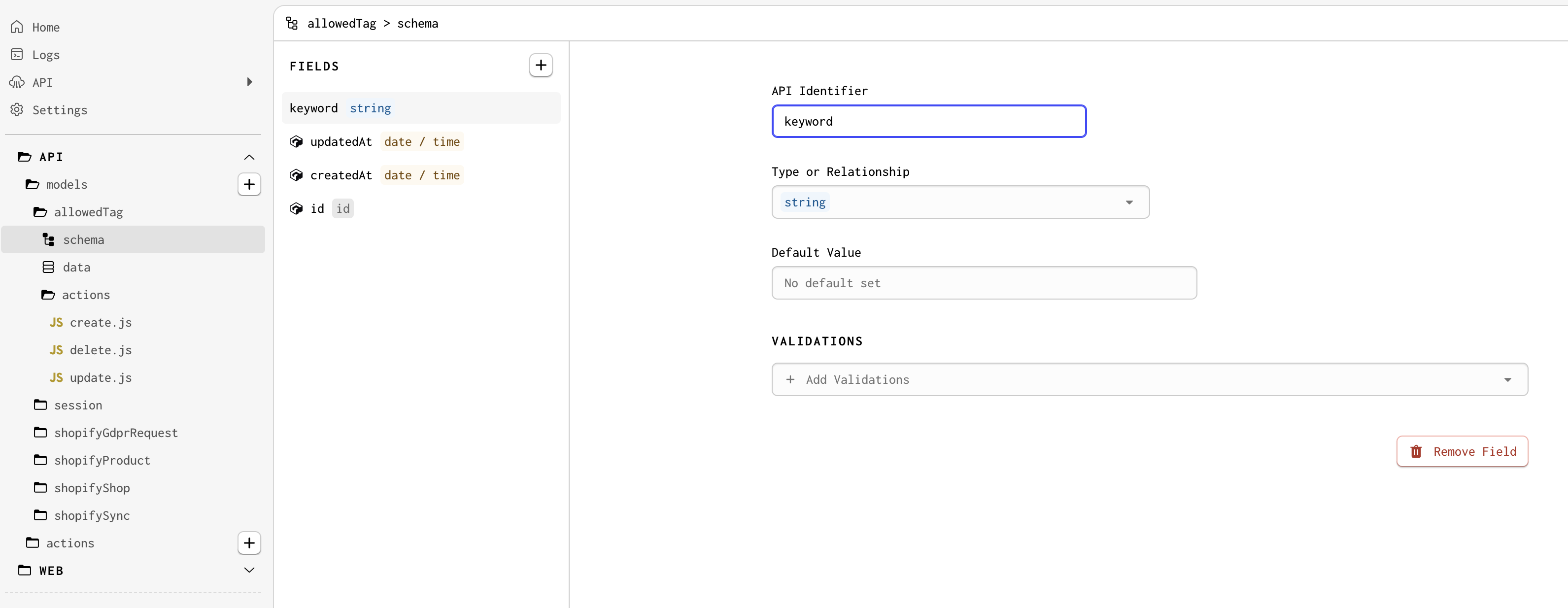 The allowedTag model with keyword field