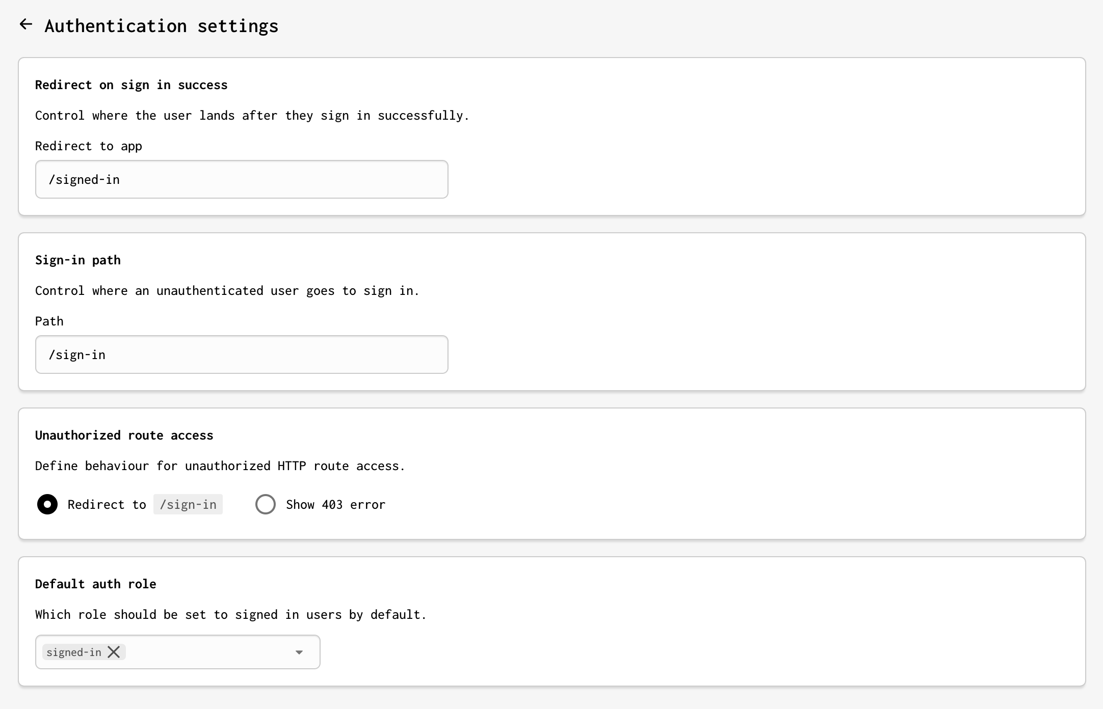 A screenshot of the default auth settings within Gadget