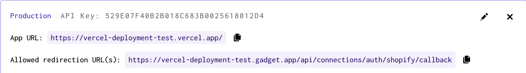 Section in Gadget that displays Shopify app connections