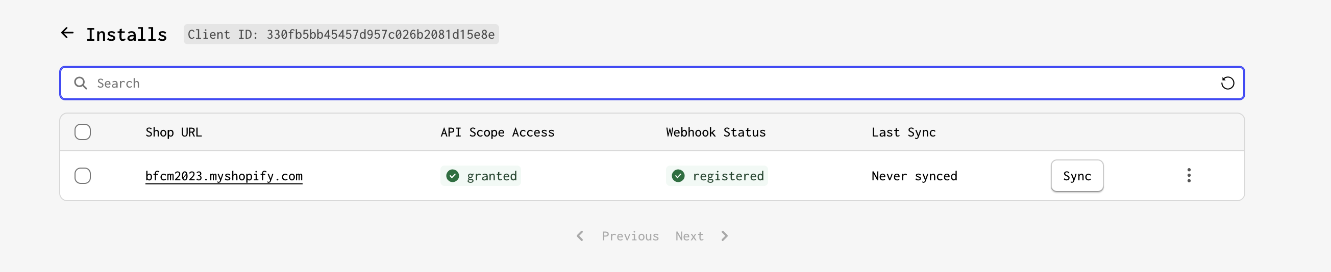 The Installs page for the connection, displaying the store name, and the Sync button
