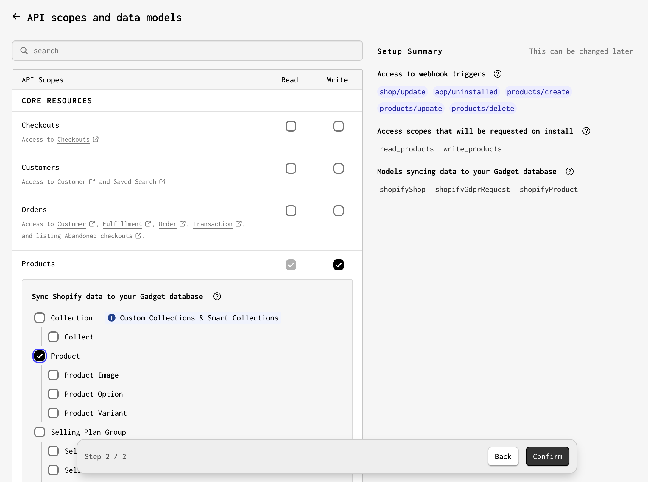 Select Product API scope + model