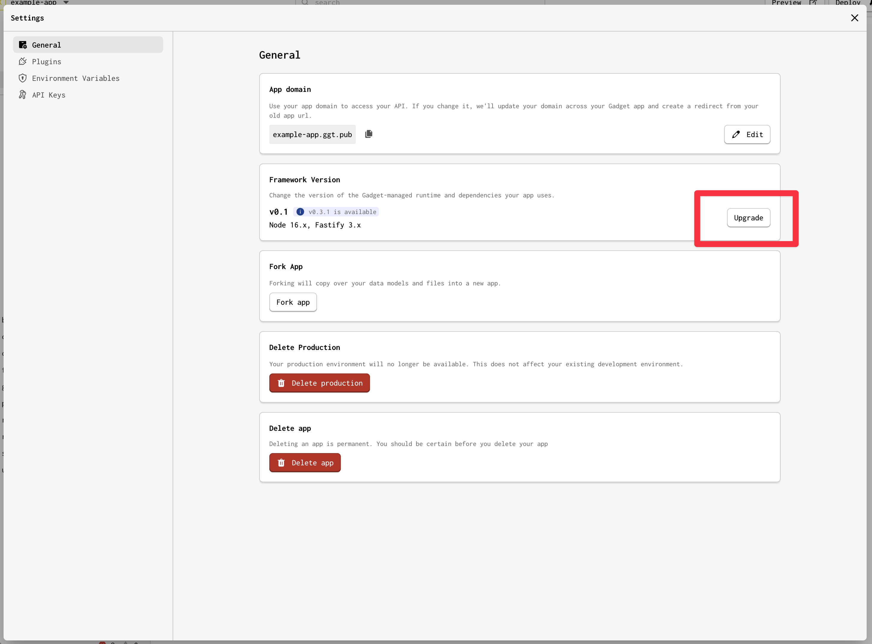 Setting page showing the framework version upgrade button