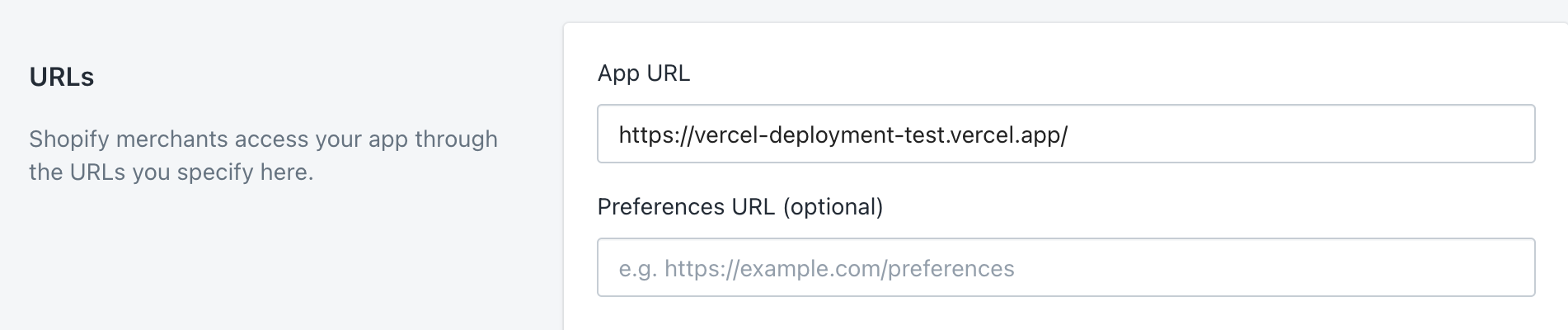 Shopify app URLs section in Configuration